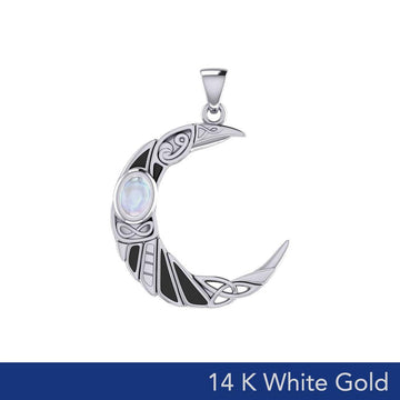 The Celtic Moon Raven 14K White Gold Pendant with Gemstone WPD5262 - Jewelry